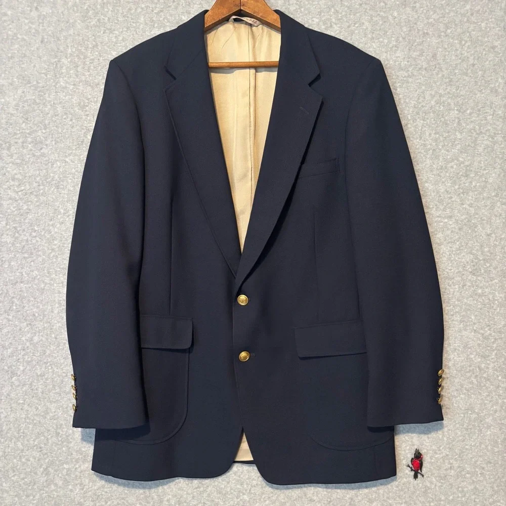 New Castle & York Men's 42L Blazer Navy Blue Gold Crest Buttons USA Vintage 90s